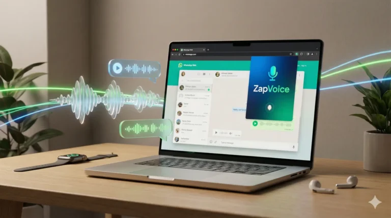 Notebook em mesa de escritório exibindo a interface do WhatsApp Web com a extensão ZapVoice ativa, enviando mensagens automáticas representadas por ícones de áudio e ondas sonoras em 3D, simbolizando a estratégia de automação para WhatsApp humanizada.